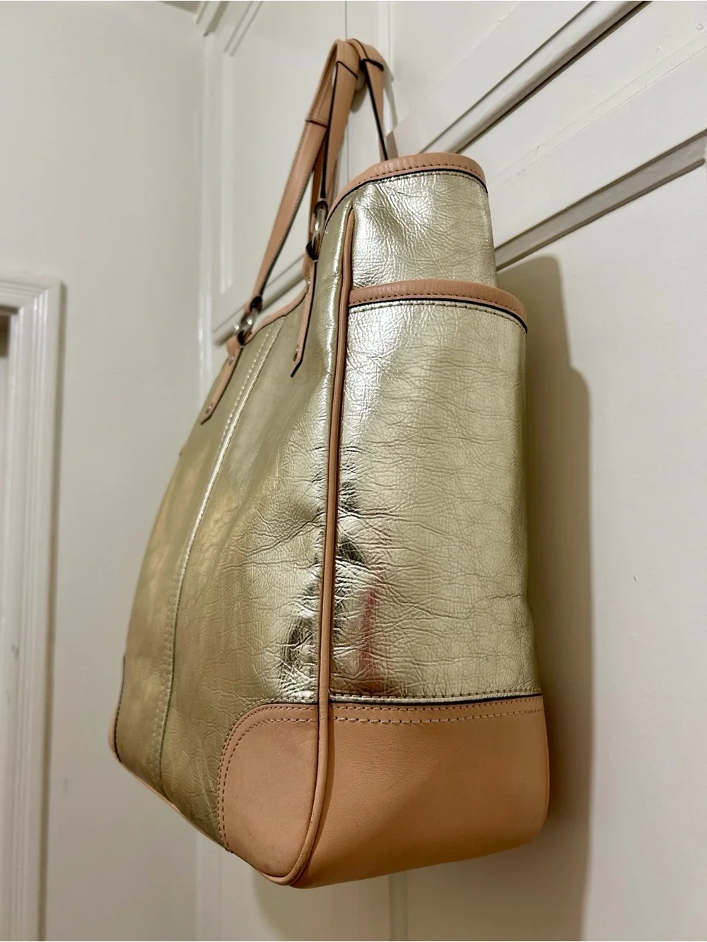 Coach Metro XL Gold Metallic Tote With Tan Trim